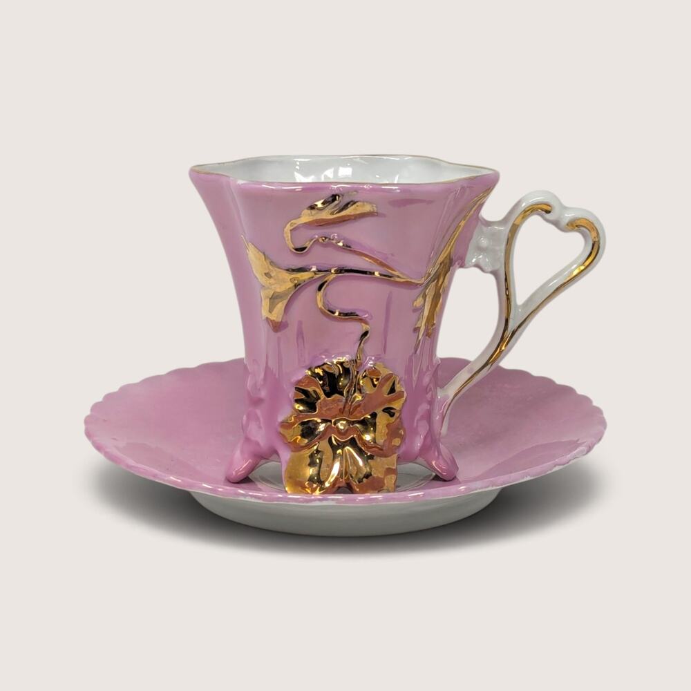 Vintage Pink Gold Footed Teacup Saucer Raised Gilt Floral Unmarked